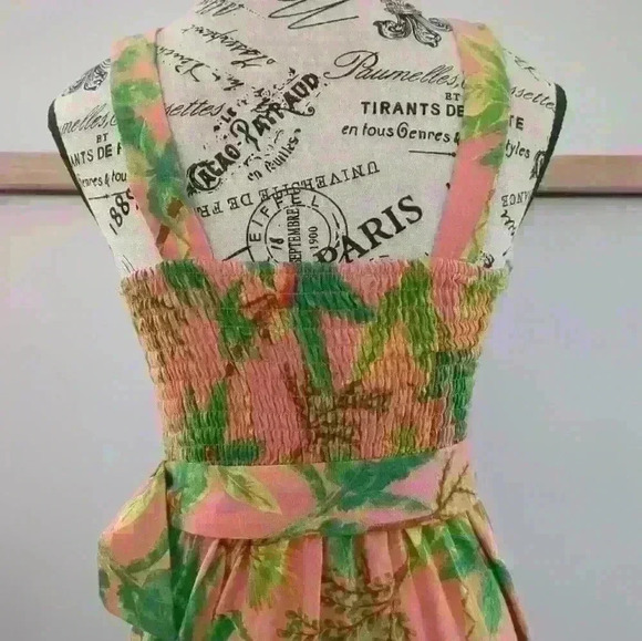 MONTEAU | Women's Peach/Pink Tropical Linen Blend Belted Midi Sun Dress - Picture 6 of 6